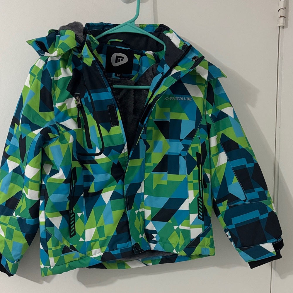 Geometric Blue and Green Kids Puffer Jacket
